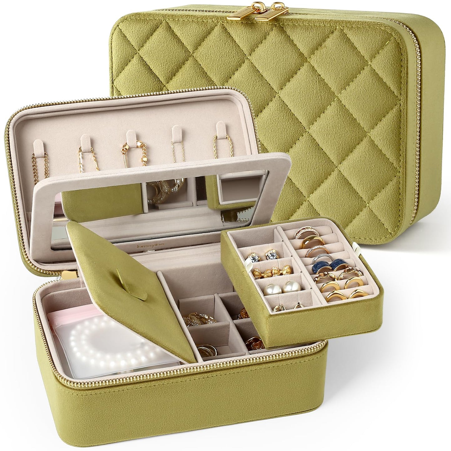 Velvet Travel Jewelry Box with Large Mirror, Double-Layer Jewelry Organizer Case for Women and Girls, Portable Storage Case with 6 Anti-Tarnish Bags Gift Ready for Her (Avocado Green)