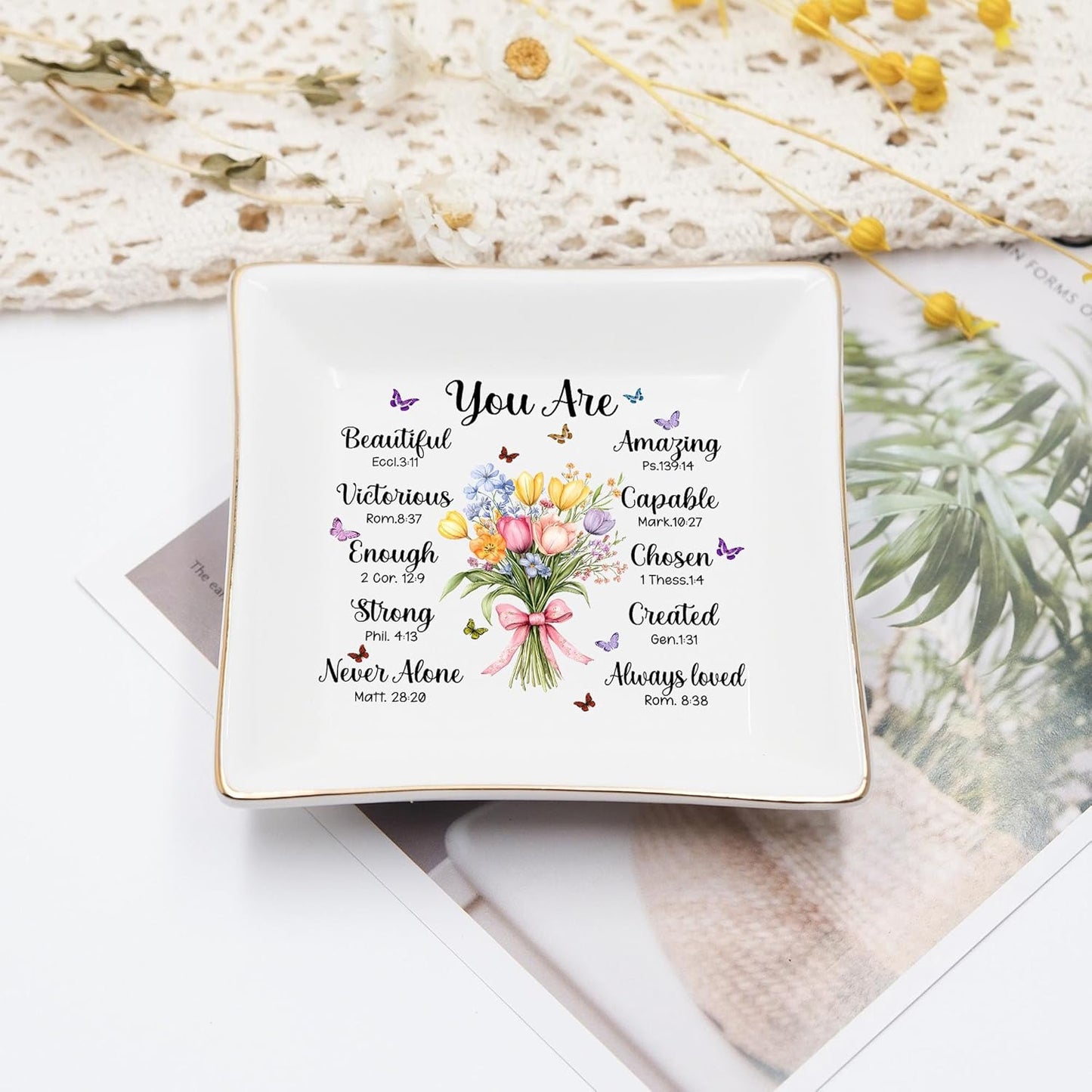 Christian Bible Verse Jewelry Dish Gift for Women, Christian Women 4" Ceramic Jewelry Tray, Mother's Day Gifts for Mom/Grandma, Confirmation Gifts for Teen Girls, Graduation Gifts for Daughter