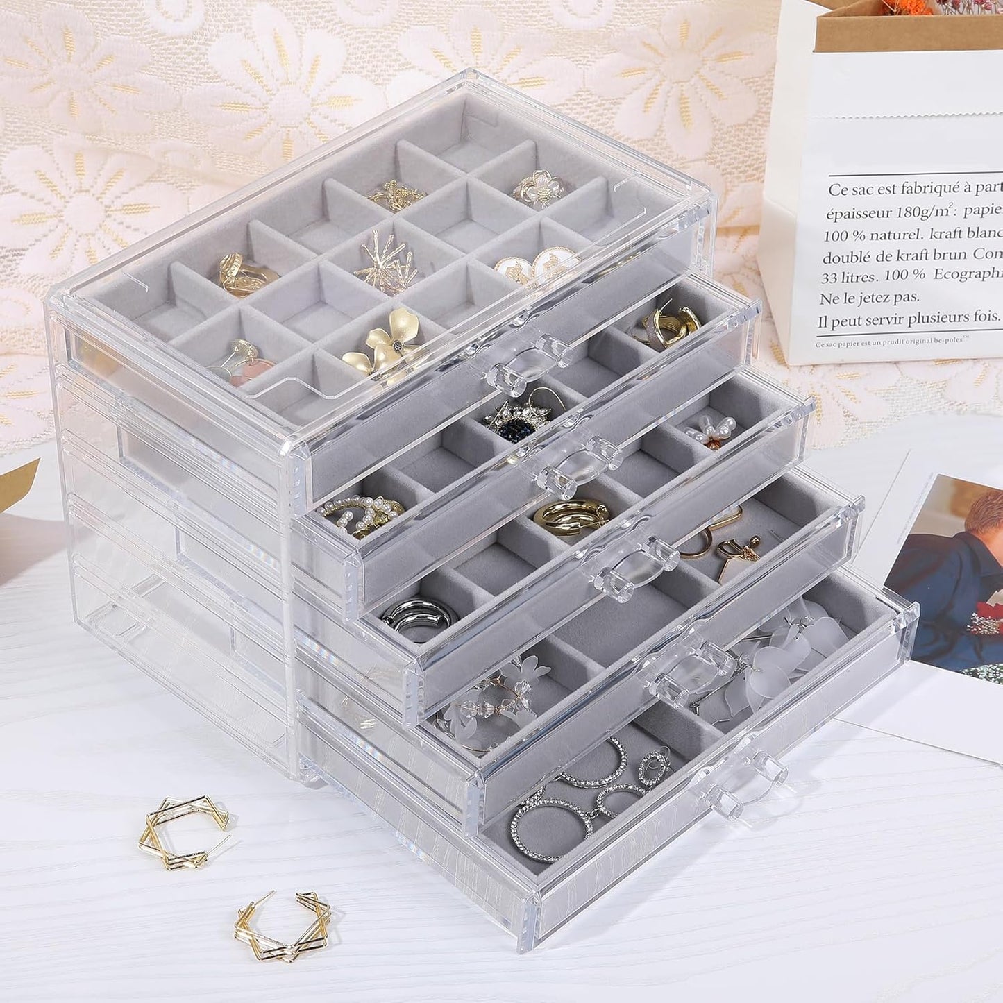 misaya Earring Jewelry Organizer with 5 Drawers, Birthday Present, Clear Acrylic Jewelry Box for Women, Velvet Earring Display Holder for Earrings Ring Bracelet Necklace, Gray