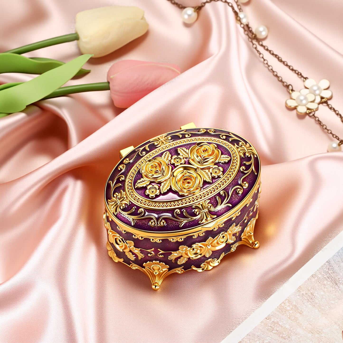 Hipiwe Vintage Metal Jewelry Box - Oval Trinket Organizer Ring Box Case with Rose Pattern Jewelry Storage Box for Ring Earrings Necklace, Gift for Women