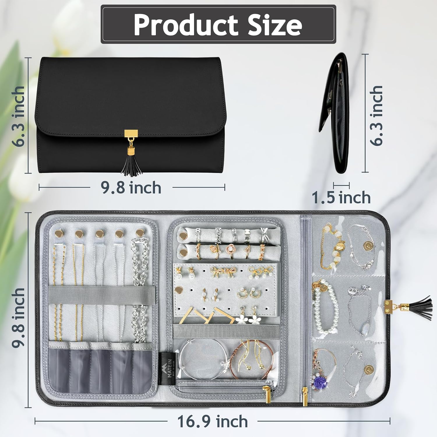 MATEIN Black Travel Jewelry Organizer, Vegan Leather Big Jewelry Rolls for Travel with Clear Pockets, Tangle-Free Necklace Holder for Daily Jewels Earrings Rings Bracelets, Valentine Gifts for Women