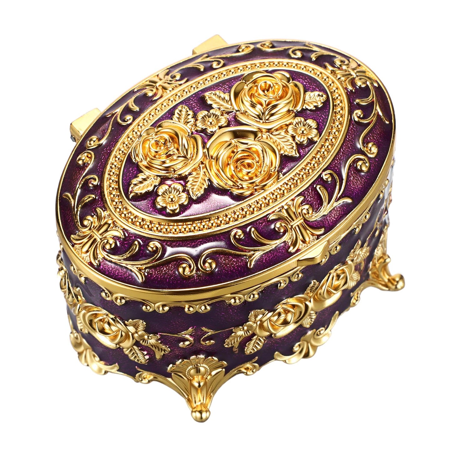 Hipiwe Vintage Metal Jewelry Box - Oval Trinket Organizer Ring Box Case with Rose Pattern Jewelry Storage Box for Ring Earrings Necklace, Gift for Women