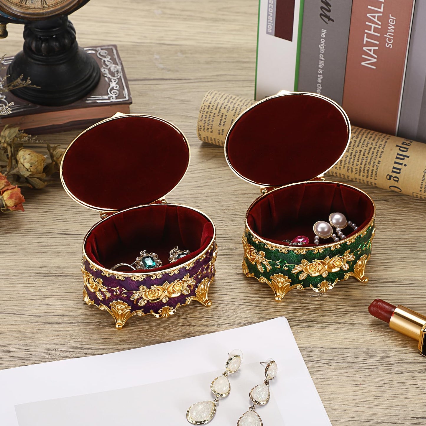 Hipiwe Vintage Metal Jewelry Box - Oval Trinket Organizer Ring Box Case with Rose Pattern Jewelry Storage Box for Ring Earrings Necklace, Gift for Women