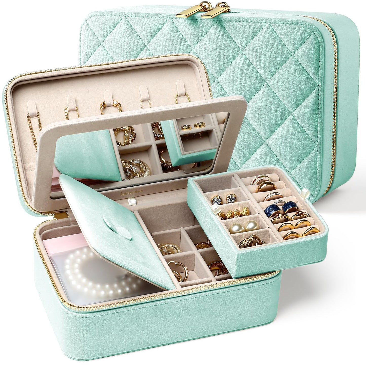 Velvet Travel Jewelry Box with Large Mirror, Double-Layer Jewelry Organizer Case for Women and Girls, Portable Storage Case with 6 Anti-Tarnish Bags Gift Ready for Her (Avocado Green)