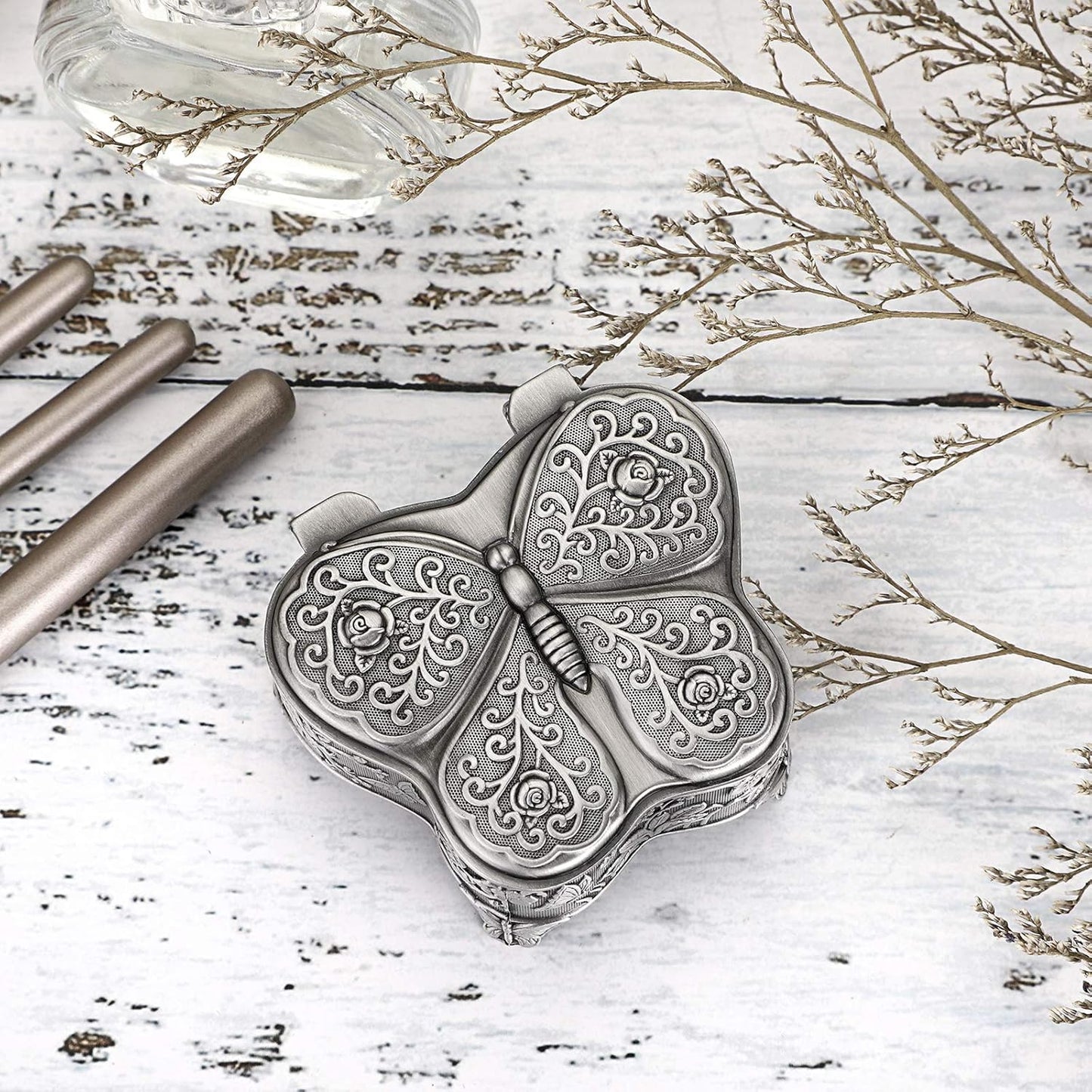 Hipiwe Vintage Metal Jewelry Trinket Box - Butterfly Shape Jewelry Organizer Treasure Chest Ring Holder, Earrings Necklace Storage Box Keepsake Box for Women