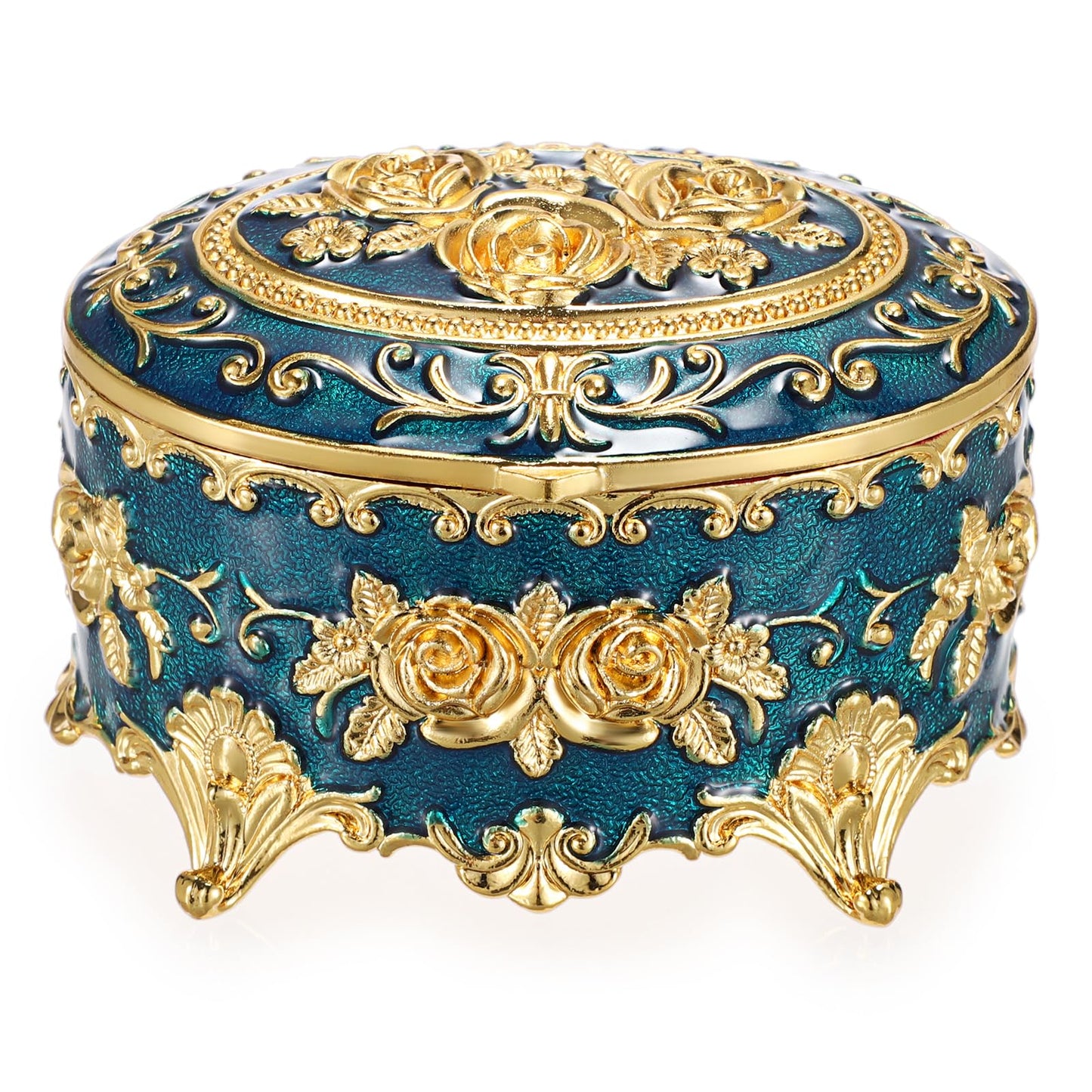 Hipiwe Vintage Metal Jewelry Box - Oval Trinket Organizer Ring Box Case with Rose Pattern Jewelry Storage Box for Ring Earrings Necklace, Gift for Women