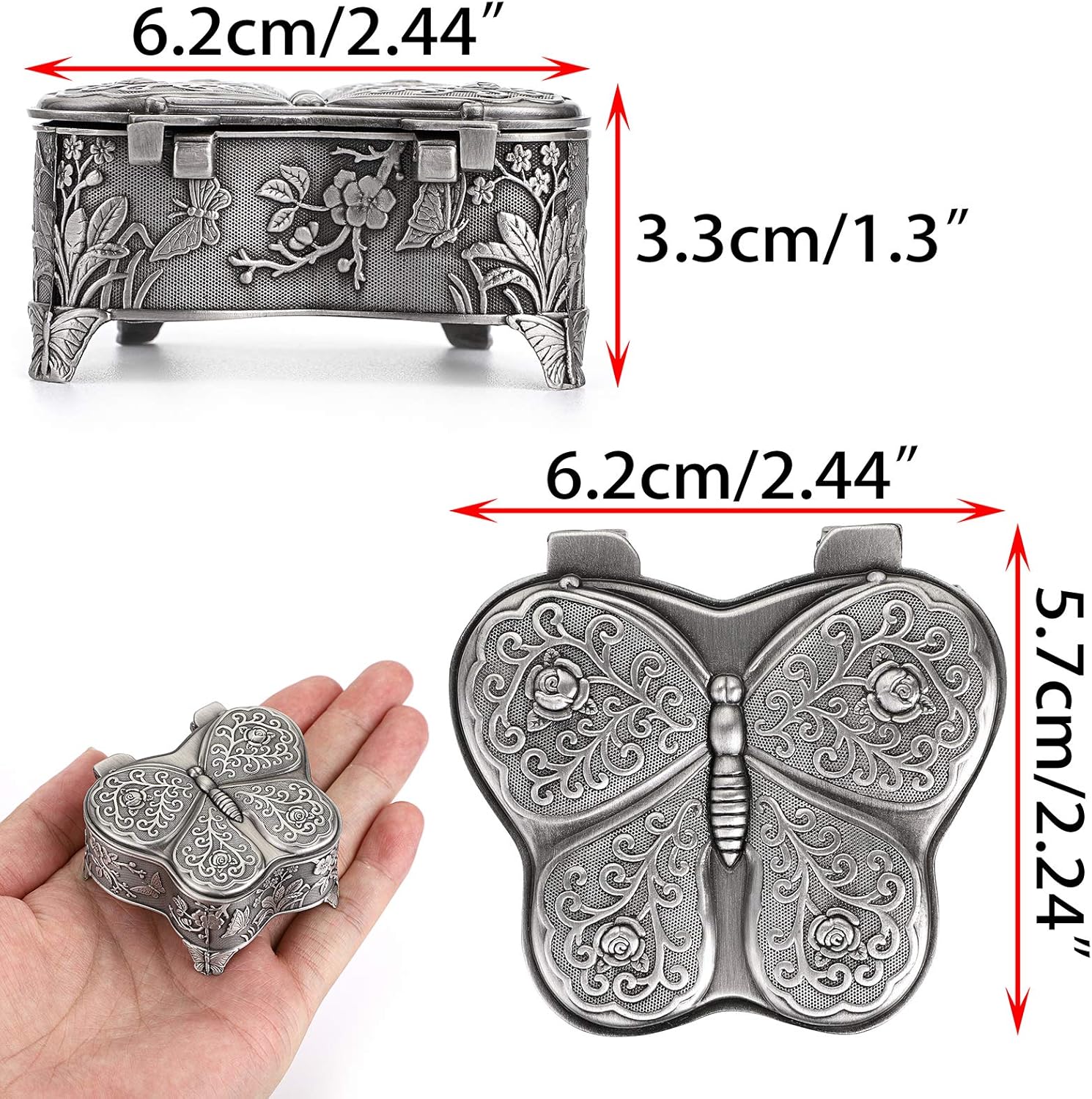 Hipiwe Vintage Metal Jewelry Trinket Box - Butterfly Shape Jewelry Organizer Treasure Chest Ring Holder, Earrings Necklace Storage Box Keepsake Box for Women