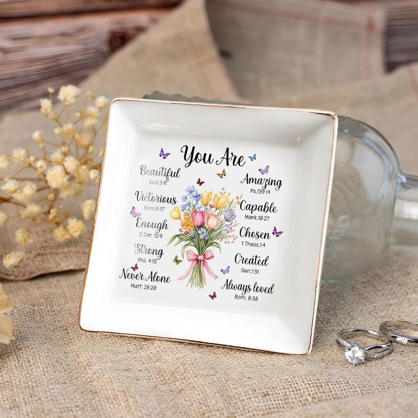 Christian Bible Verse Jewelry Dish Gift for Women, Christian Women 4" Ceramic Jewelry Tray, Mother's Day Gifts for Mom/Grandma, Confirmation Gifts for Teen Girls, Graduation Gifts for Daughter