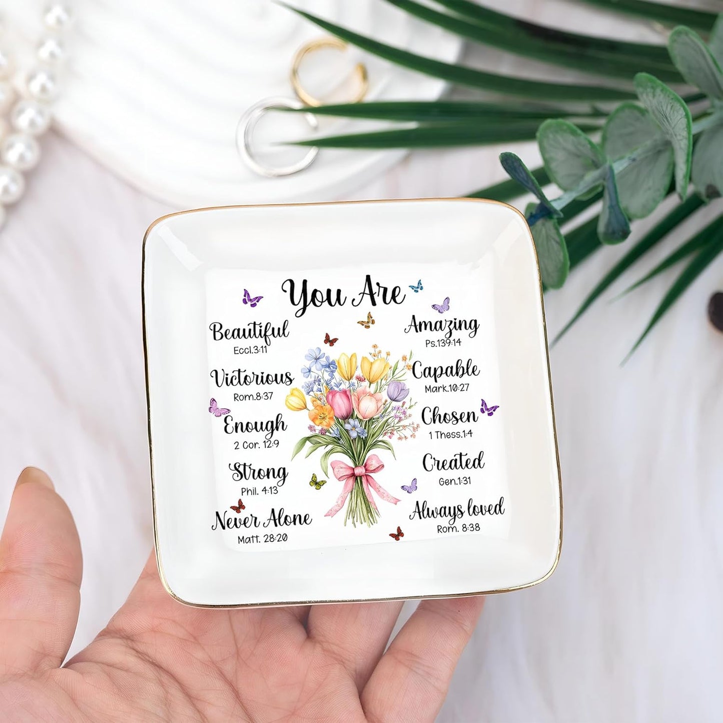 Christian Bible Verse Jewelry Dish Gift for Women, Christian Women 4" Ceramic Jewelry Tray, Mother's Day Gifts for Mom/Grandma, Confirmation Gifts for Teen Girls, Graduation Gifts for Daughter
