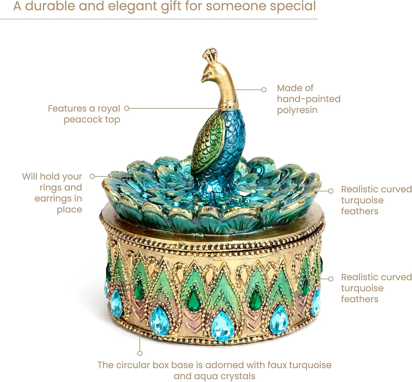 Bits and Pieces Peacock Jewelry Box for Women Small Keepsake Box with Peacock Figurine Lid - Decorative Boxes for Home Decor