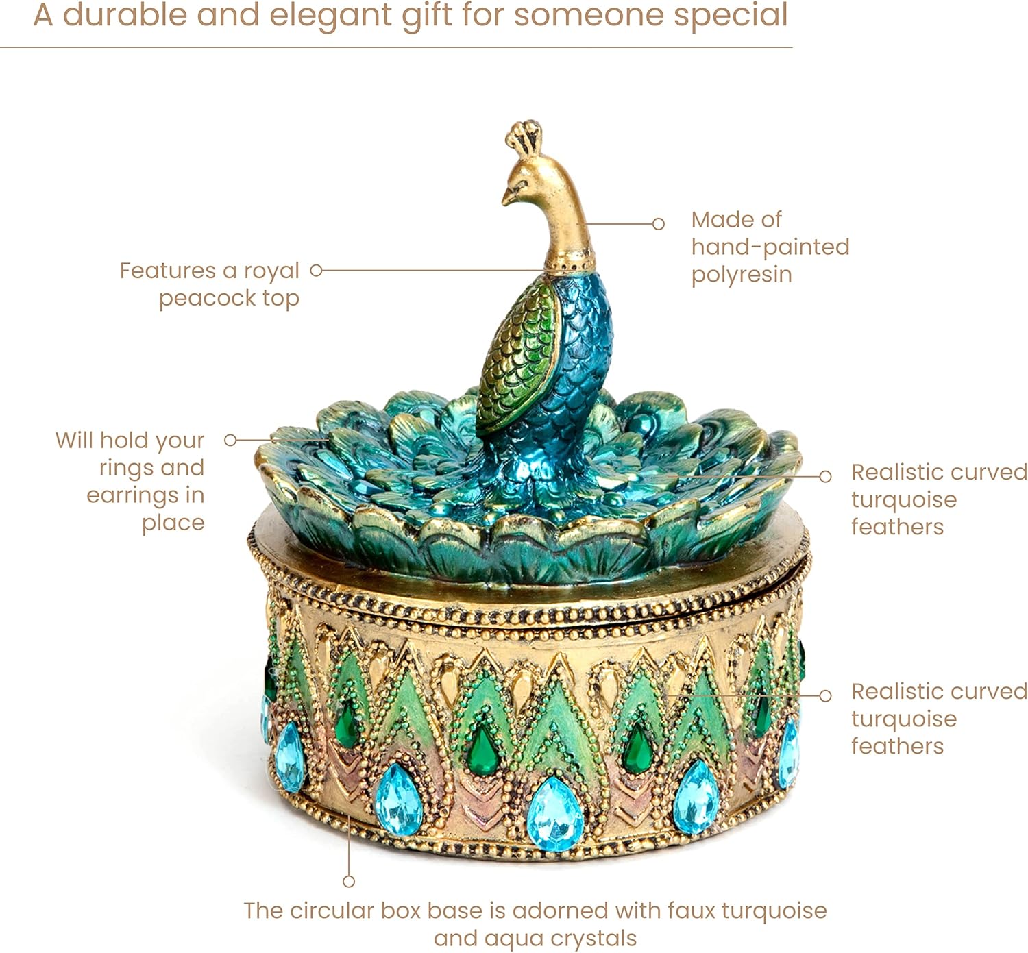Bits and Pieces Peacock Jewelry Box for Women Small Keepsake Box with Peacock Figurine Lid - Decorative Boxes for Home Decor