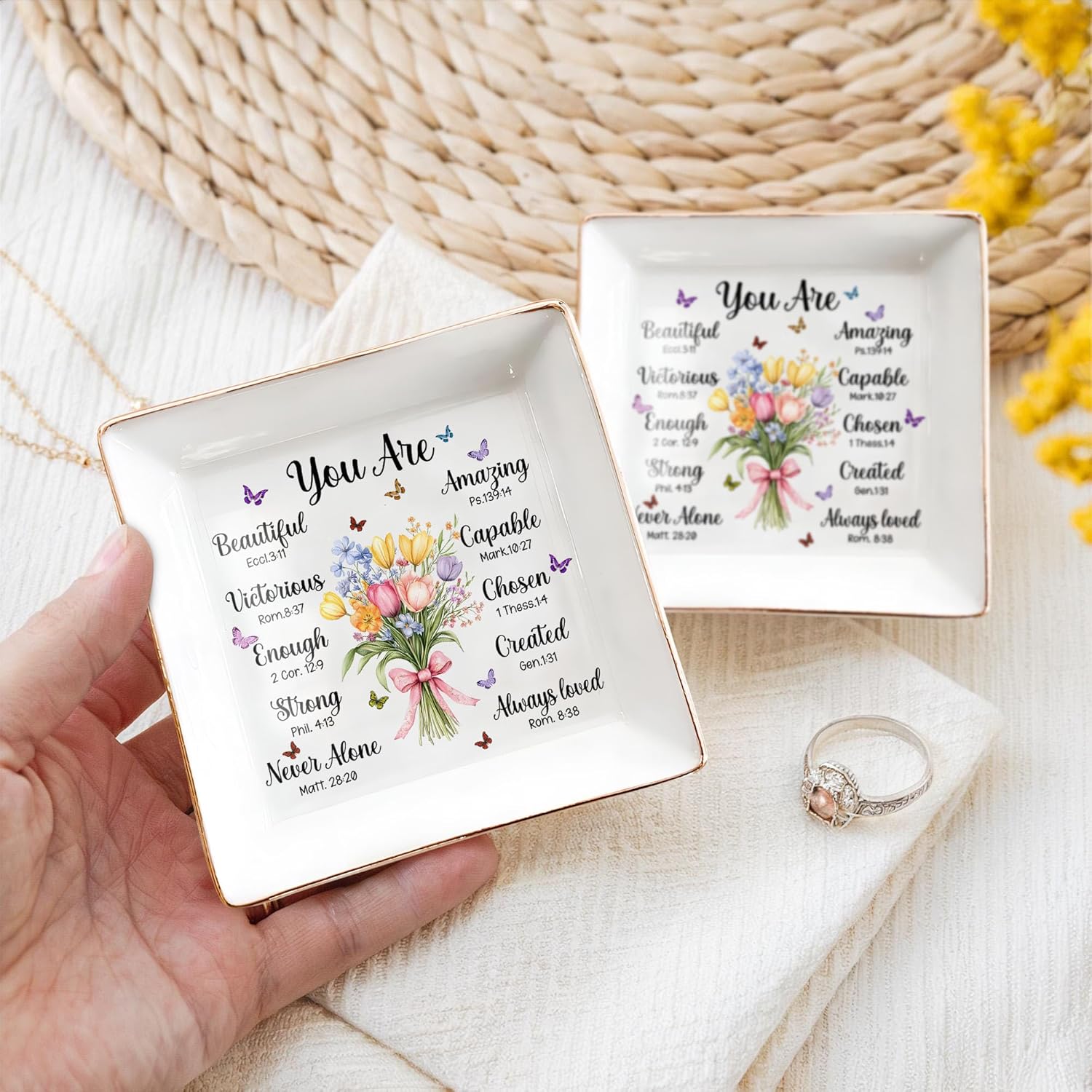 Christian Bible Verse Jewelry Dish Gift for Women, Christian Women 4" Ceramic Jewelry Tray, Mother's Day Gifts for Mom/Grandma, Confirmation Gifts for Teen Girls, Graduation Gifts for Daughter