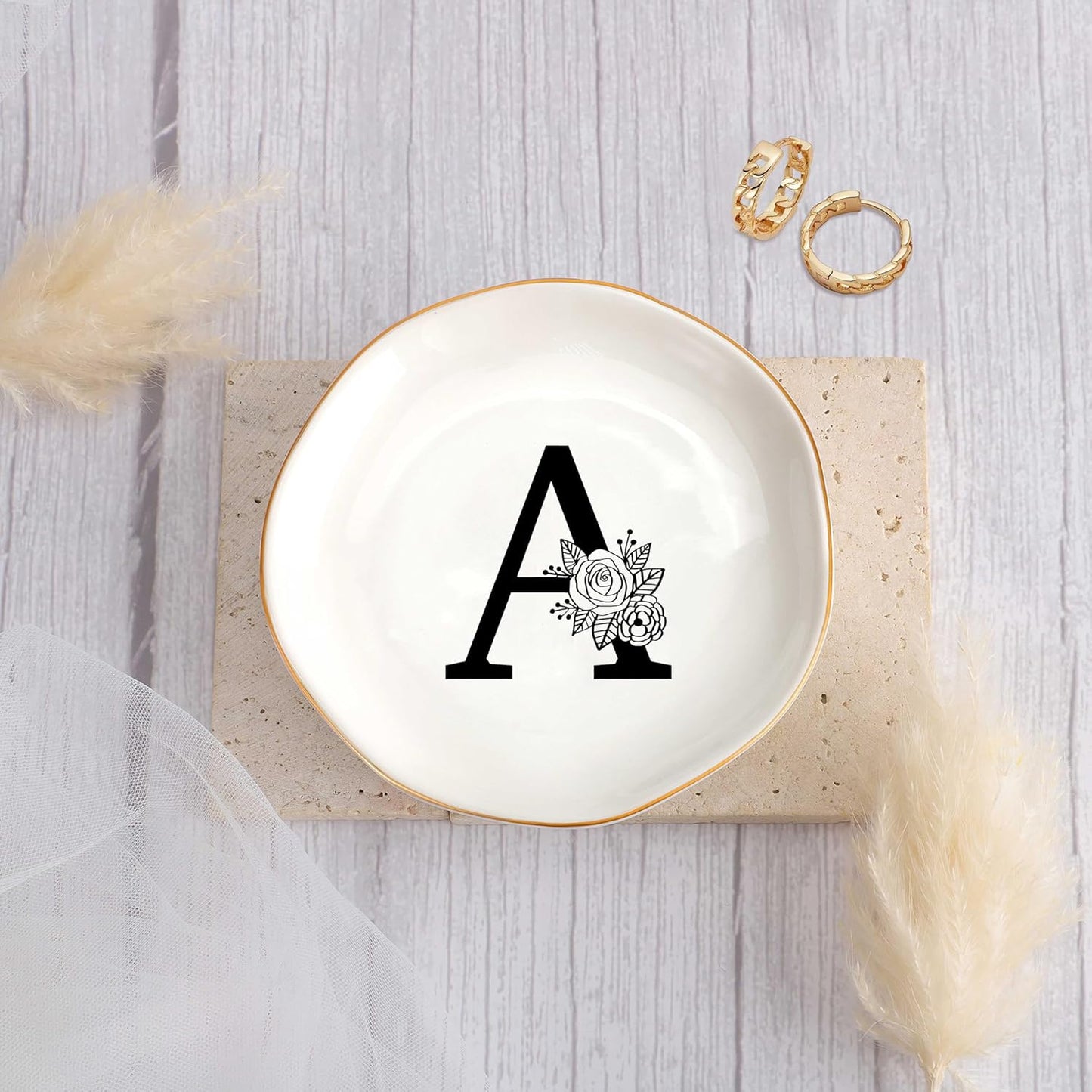 JoycuFF Initial A Ceramic Jewelry Tray, Bridesmaid Bride Gifts, Engagement Birthday Best Friend Mom Grandma Sister Gifts for Women, Trinket Dish for Rings Earrings Necklaces Bracelets Keys