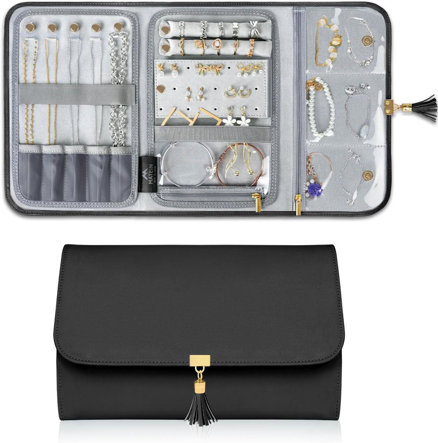 MATEIN Black Travel Jewelry Organizer, Vegan Leather Big Jewelry Rolls for Travel with Clear Pockets, Tangle-Free Necklace Holder for Daily Jewels Earrings Rings Bracelets, Valentine Gifts for Women