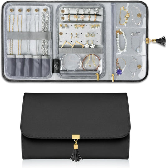 MATEIN Black Travel Jewelry Organizer, Vegan Leather Big Jewelry Rolls for Travel with Clear Pockets, Tangle-Free Necklace Holder for Daily Jewels Earrings Rings Bracelets, Valentine Gifts for Women