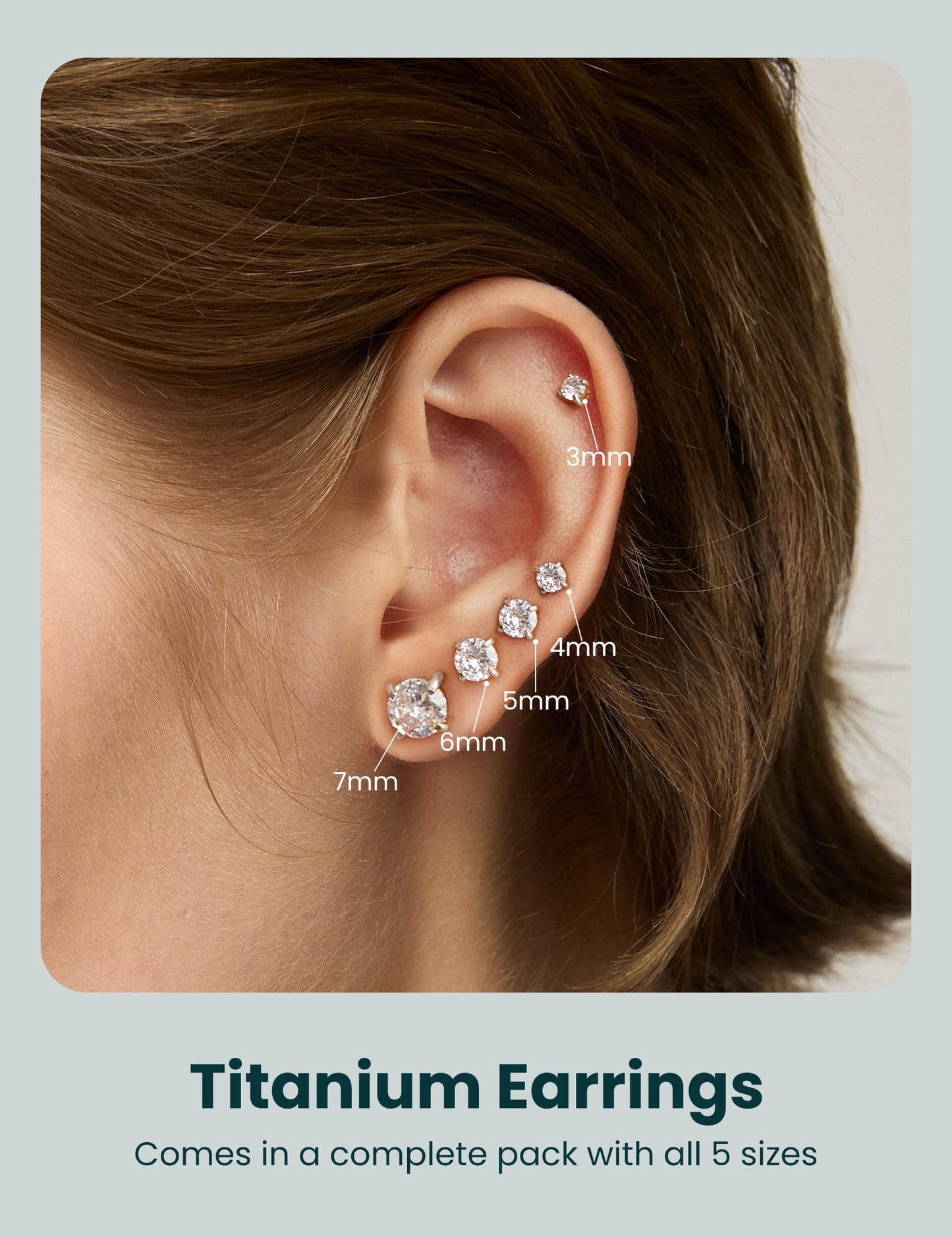 6 Pairs Stud Earrings Set, Hypoallergenic Cubic Zirconia 316L Earrings Stainless Steel CZ Earrings 3-8mm (Steel color)