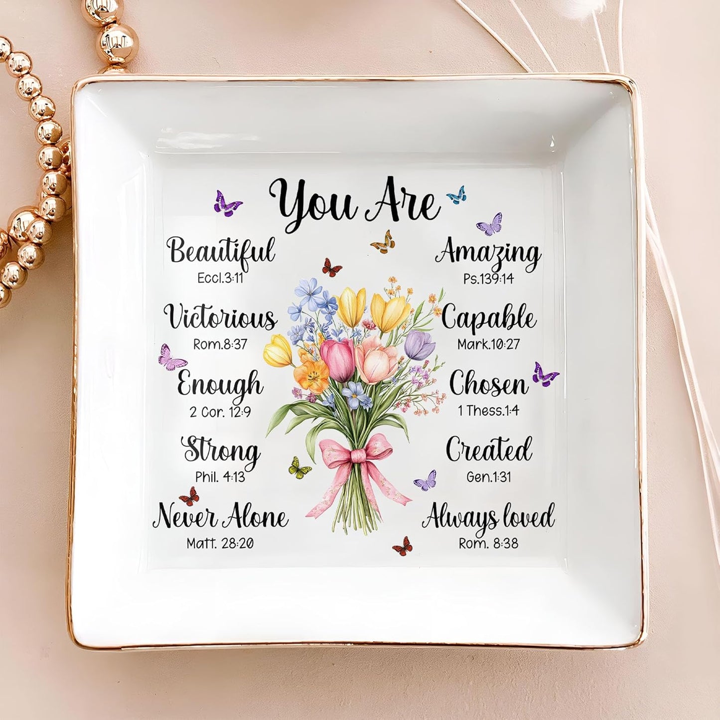 Christian Bible Verse Jewelry Dish Gift for Women, Christian Women 4" Ceramic Jewelry Tray, Mother's Day Gifts for Mom/Grandma, Confirmation Gifts for Teen Girls, Graduation Gifts for Daughter