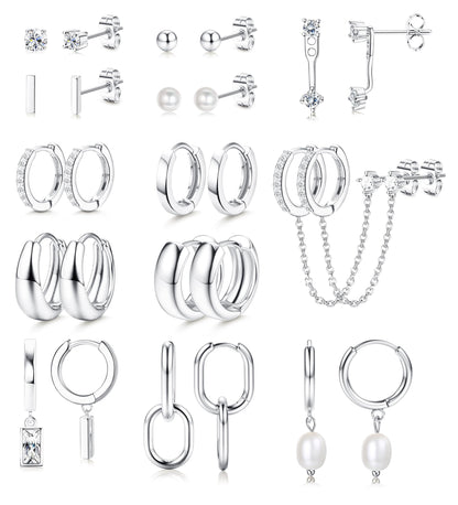 BESTEEL 13 Pairs Small Stud Hoop Earrings Set for Women Hypoallergenic Gold Plated Huggie Hoops Pearl Dainty Lightweight Earrings for Gift