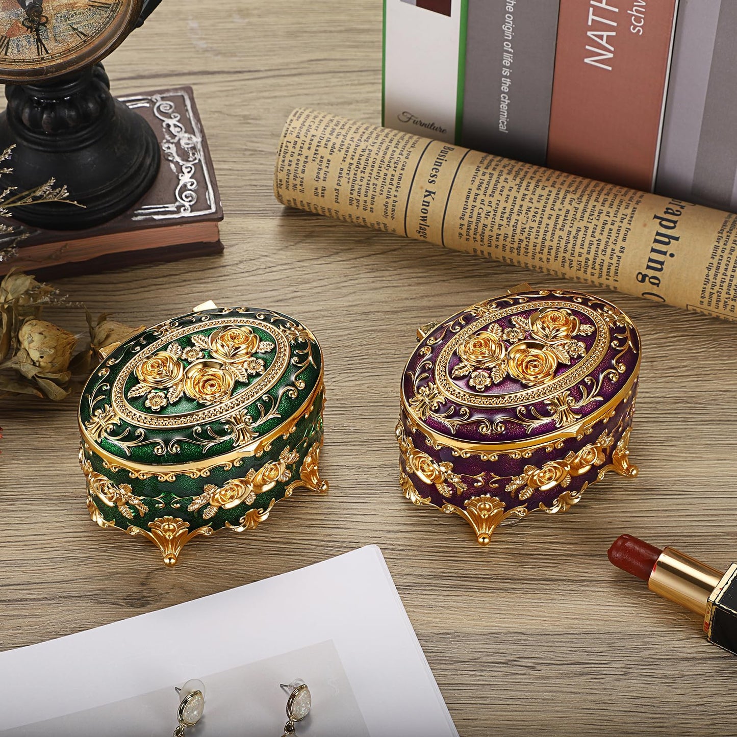 Hipiwe Vintage Metal Jewelry Box - Oval Trinket Organizer Ring Box Case with Rose Pattern Jewelry Storage Box for Ring Earrings Necklace, Gift for Women