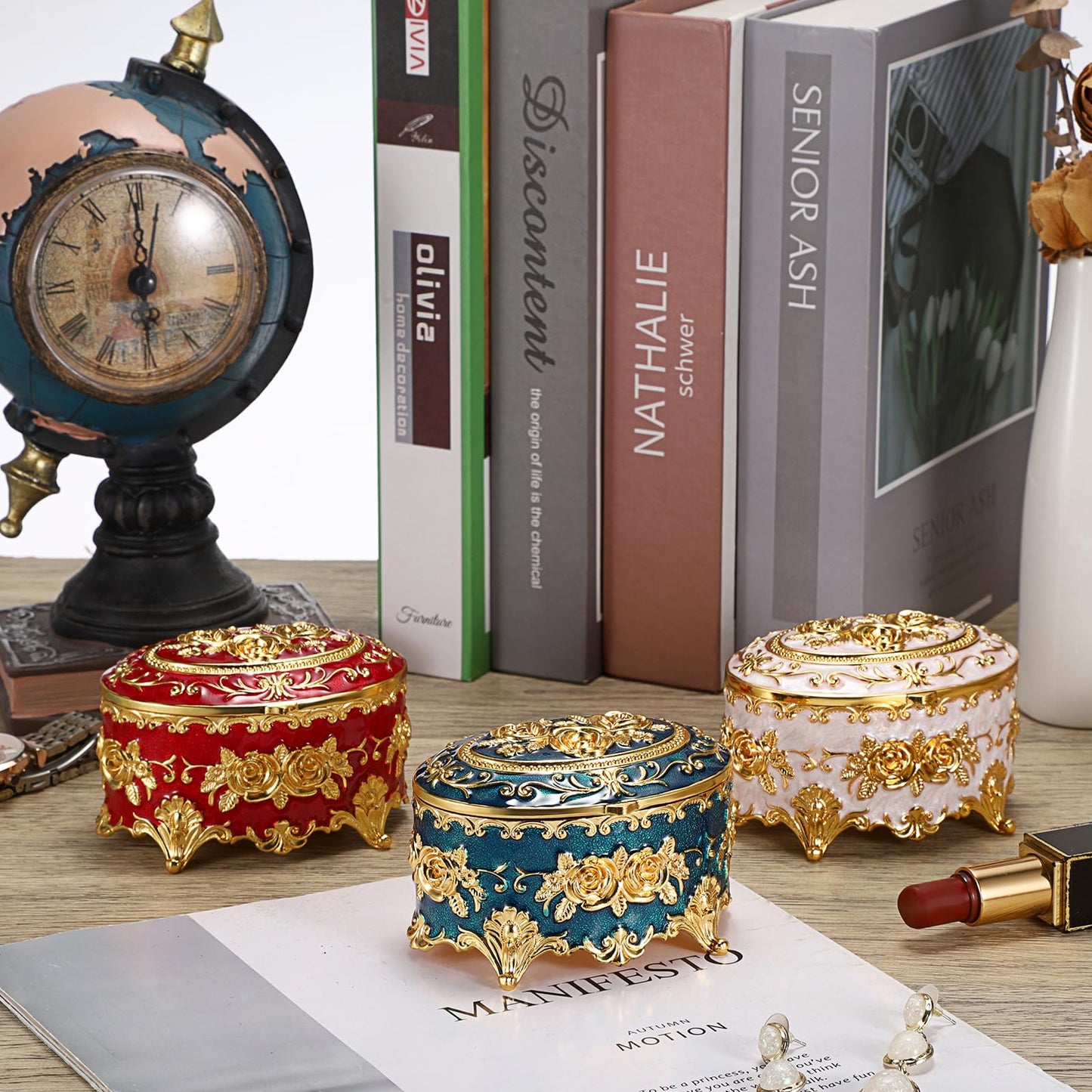 Hipiwe Vintage Metal Jewelry Box - Oval Trinket Organizer Ring Box Case with Rose Pattern Jewelry Storage Box for Ring Earrings Necklace, Gift for Women