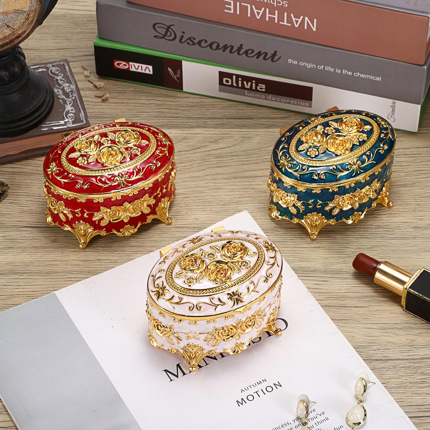 Hipiwe Vintage Metal Jewelry Box - Oval Trinket Organizer Ring Box Case with Rose Pattern Jewelry Storage Box for Ring Earrings Necklace, Gift for Women