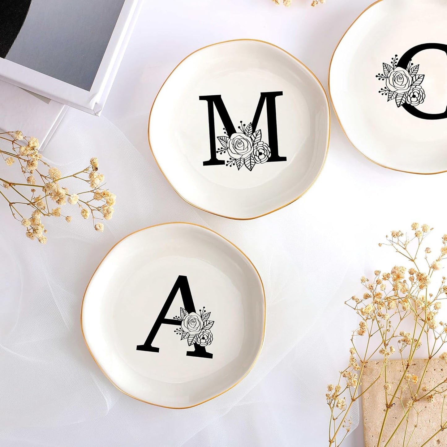 JoycuFF Initial A Ceramic Jewelry Tray, Bridesmaid Bride Gifts, Engagement Birthday Best Friend Mom Grandma Sister Gifts for Women, Trinket Dish for Rings Earrings Necklaces Bracelets Keys