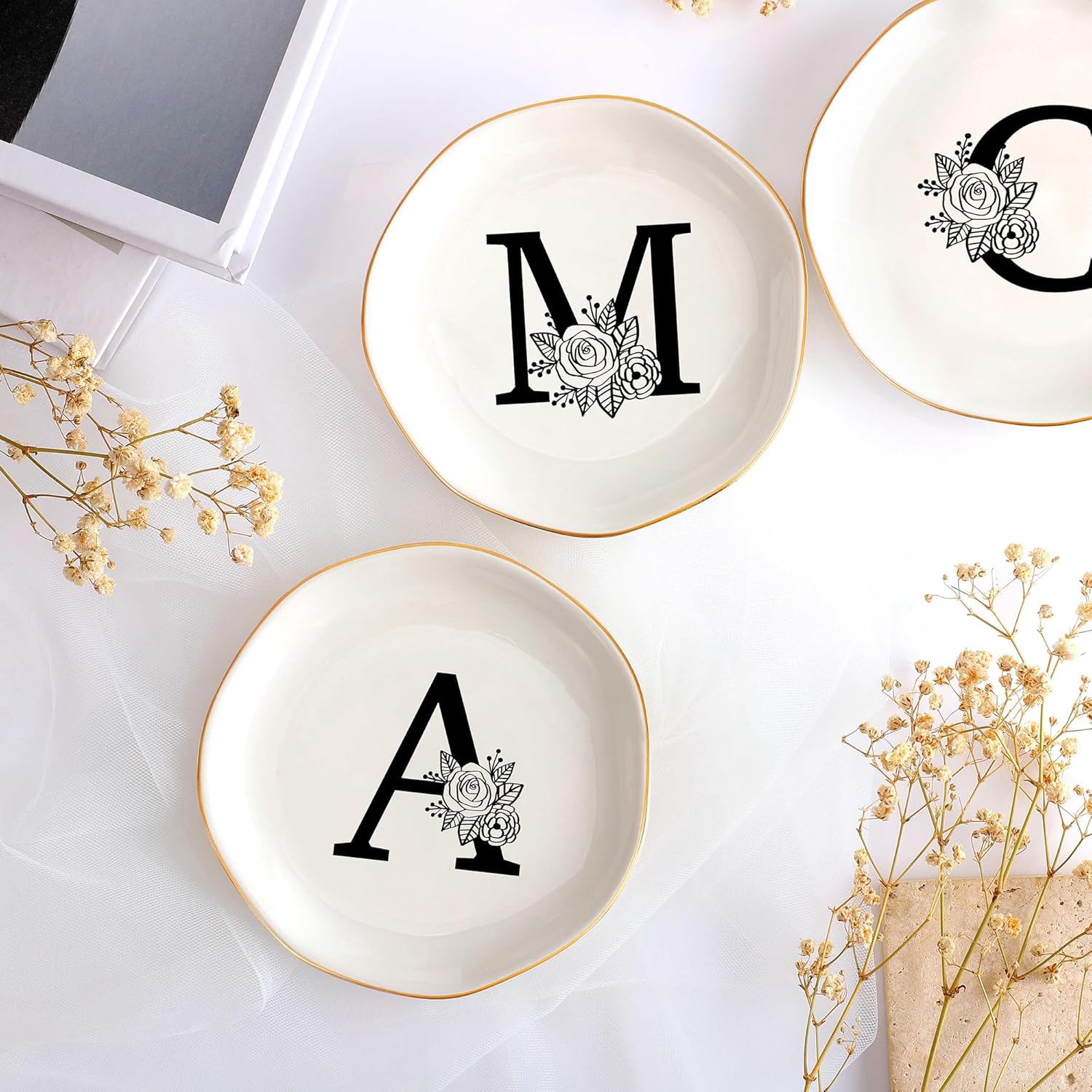 JoycuFF Initial A Ceramic Jewelry Tray, Bridesmaid Bride Gifts, Engagement Birthday Best Friend Mom Grandma Sister Gifts for Women, Trinket Dish for Rings Earrings Necklaces Bracelets Keys