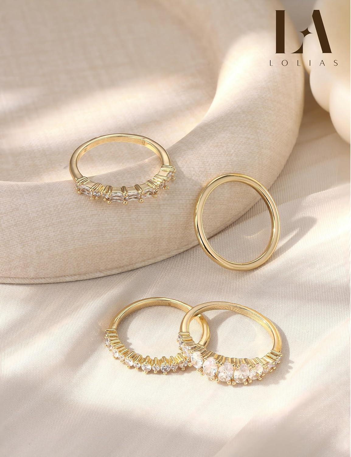 LOLIAS 14K Gold Plated Stackable Rings for Women Non Tarnish - Dainty Cubic Zirconia Wedding Bands Ring Set Minimalist Trendy Statement Engagement Promise Thumb Rings Stacking Size 5-10