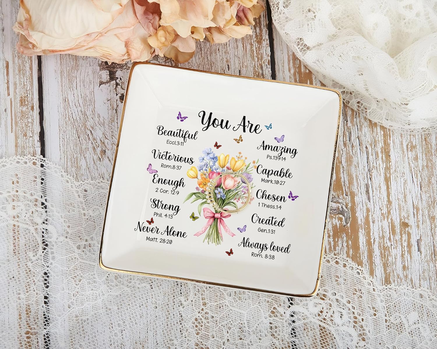 Christian Bible Verse Jewelry Dish Gift for Women, Christian Women 4" Ceramic Jewelry Tray, Mother's Day Gifts for Mom/Grandma, Confirmation Gifts for Teen Girls, Graduation Gifts for Daughter